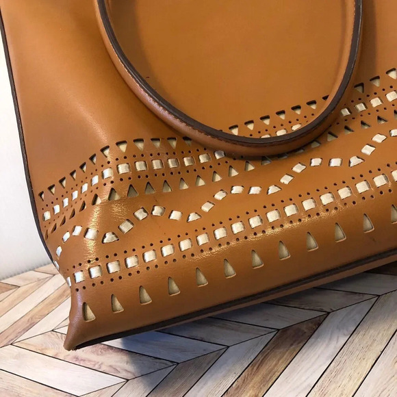 Faux Leather Vegan Camel Brown Tote Bag w/ Handles Country Western 70s Style - Picture 2 of 9